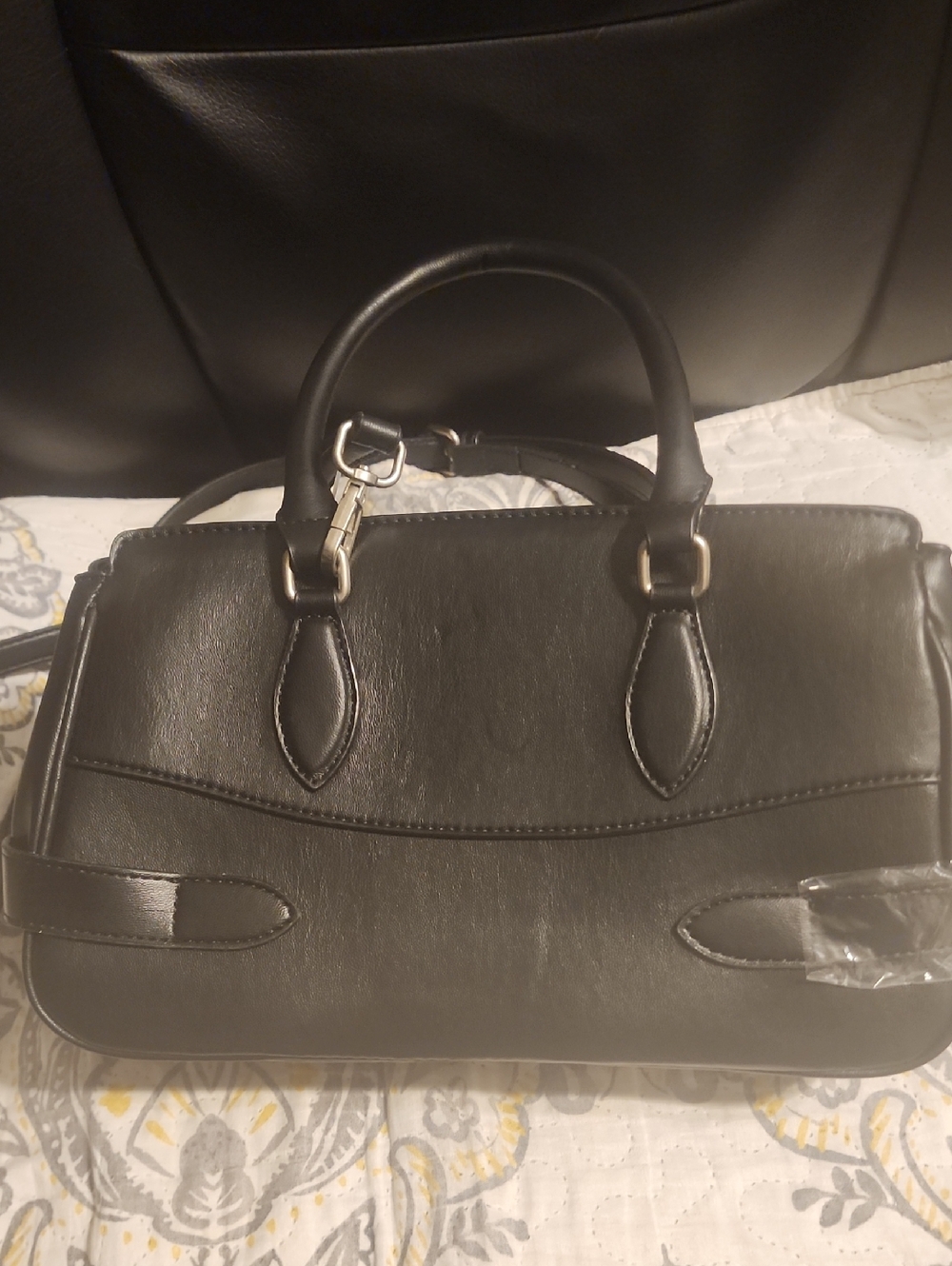 Steve Madden Black Satchel with Pearl Dangle and Bow Charm - Picture 9 of 9